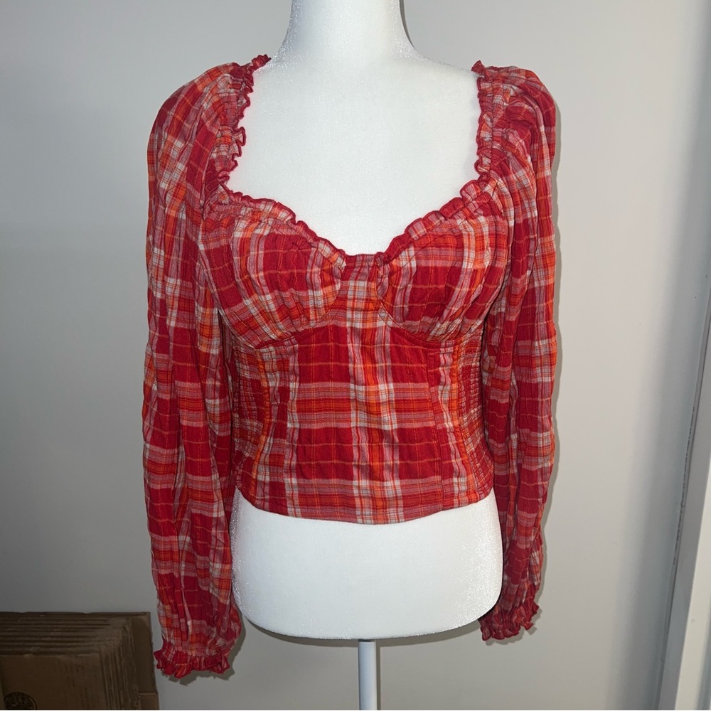 Free People Shirred Sweetheart Neckline Long Sleeve Top Red Plaid
